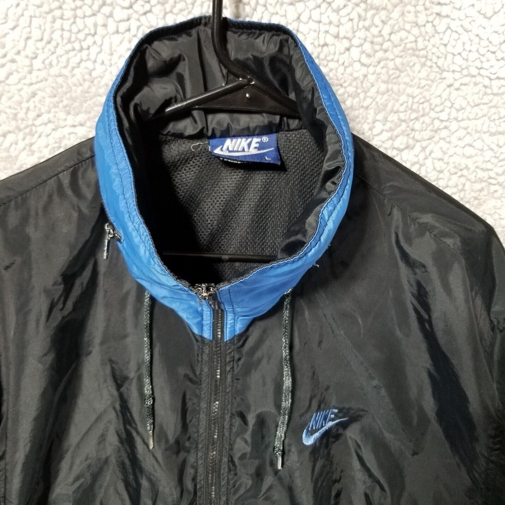 Vintage Nike Jacket Mens Large Blue Black Windbreaker Full Zip With Hood 80s - Picture 9 of 14
